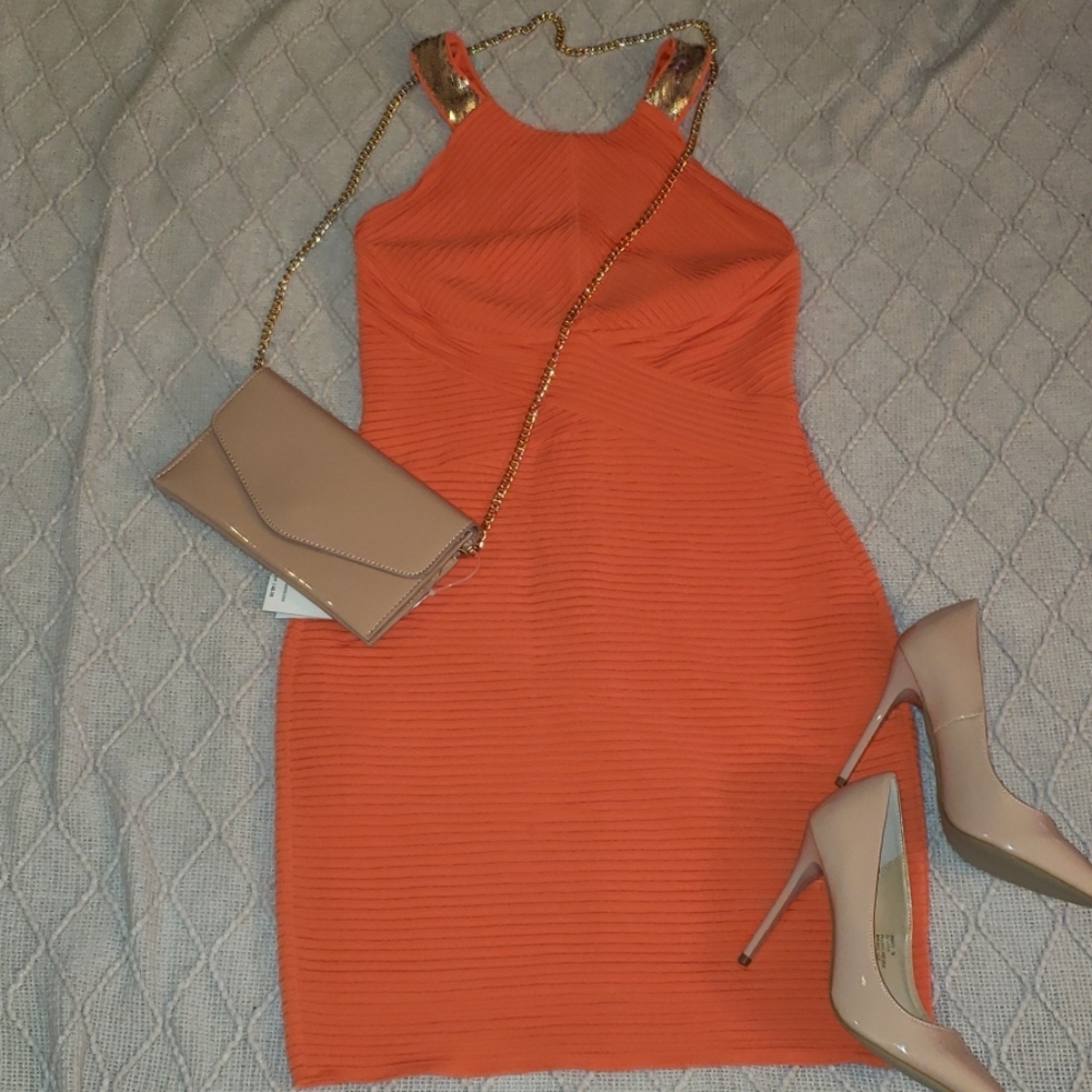 Orange and Gold Ribbed Short Dress